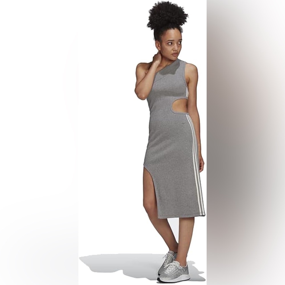 adidas Blue Version Gray One-Shoulder Cutout Dress Core Heather Slit Side Stripe